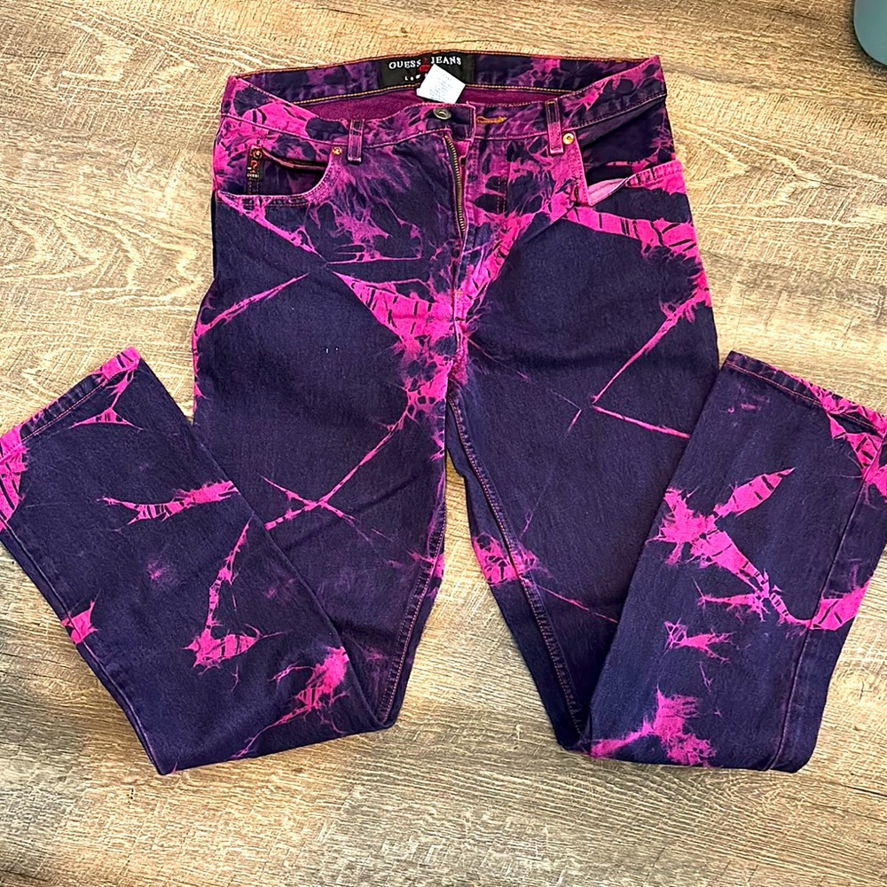 Vintage Guess Women's Pink and Purple Tie-Dye Jeans
